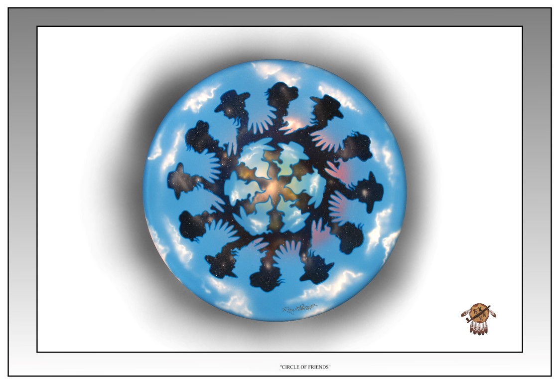 The circle of the artwork represents the friends and IACA family of members around the world. All the figures face in a counter clockwise direction, (in harmony with the rotation of Mother Earth), to better promote and honestly represent American Indian Arts & crafts. In the middle background a “Nova” is expanding outward to represent the creation of IACA.   The six figures in the middle represent the founding members.  The 24 outer night and day figures represent the ethic variety of membership. There are a total of 30 figures in the artwork, one each to celebrate the 30th. Anniversary.